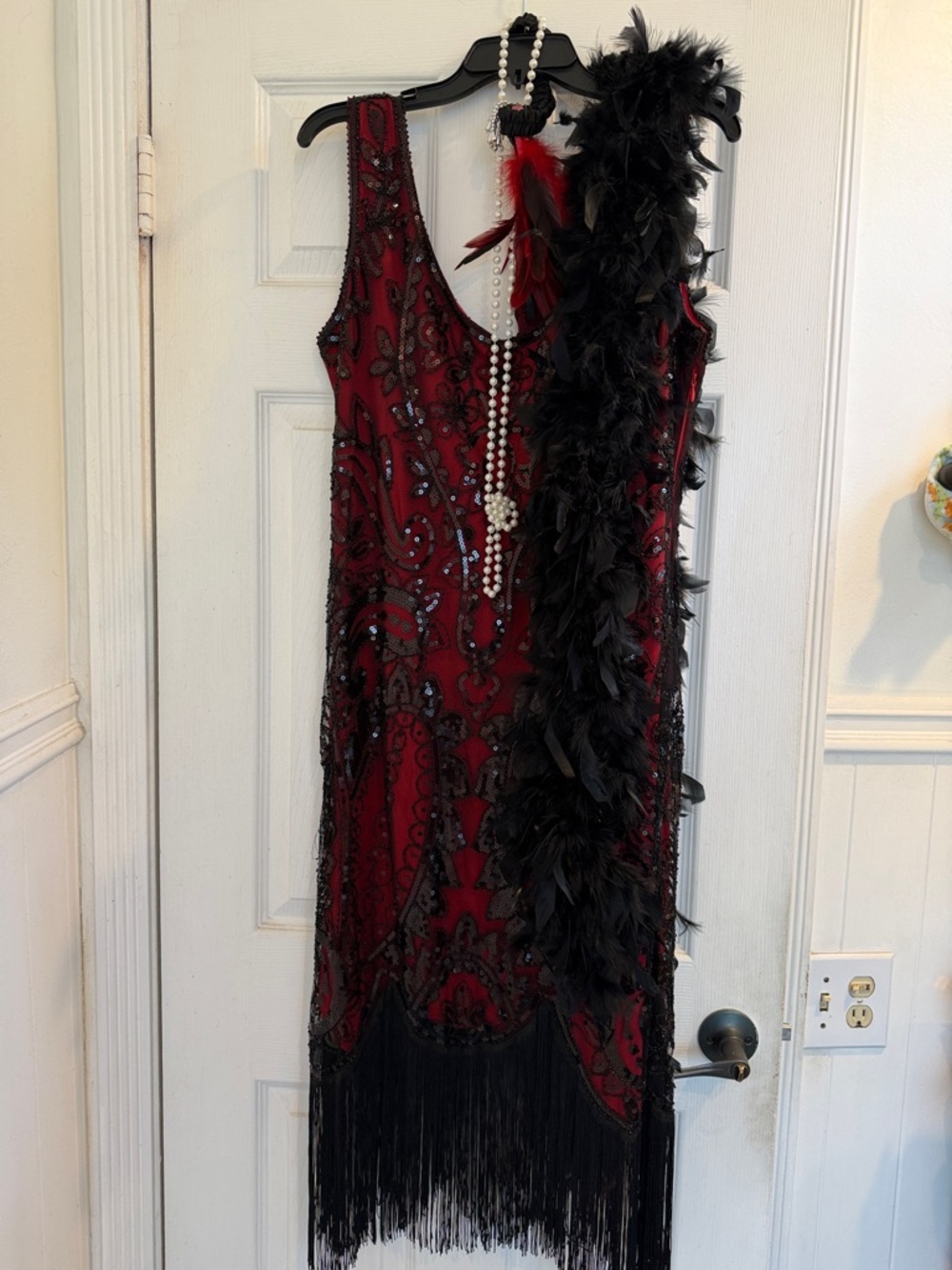 Beaded Red Flapper Midi Dress with Black Beaded Accents